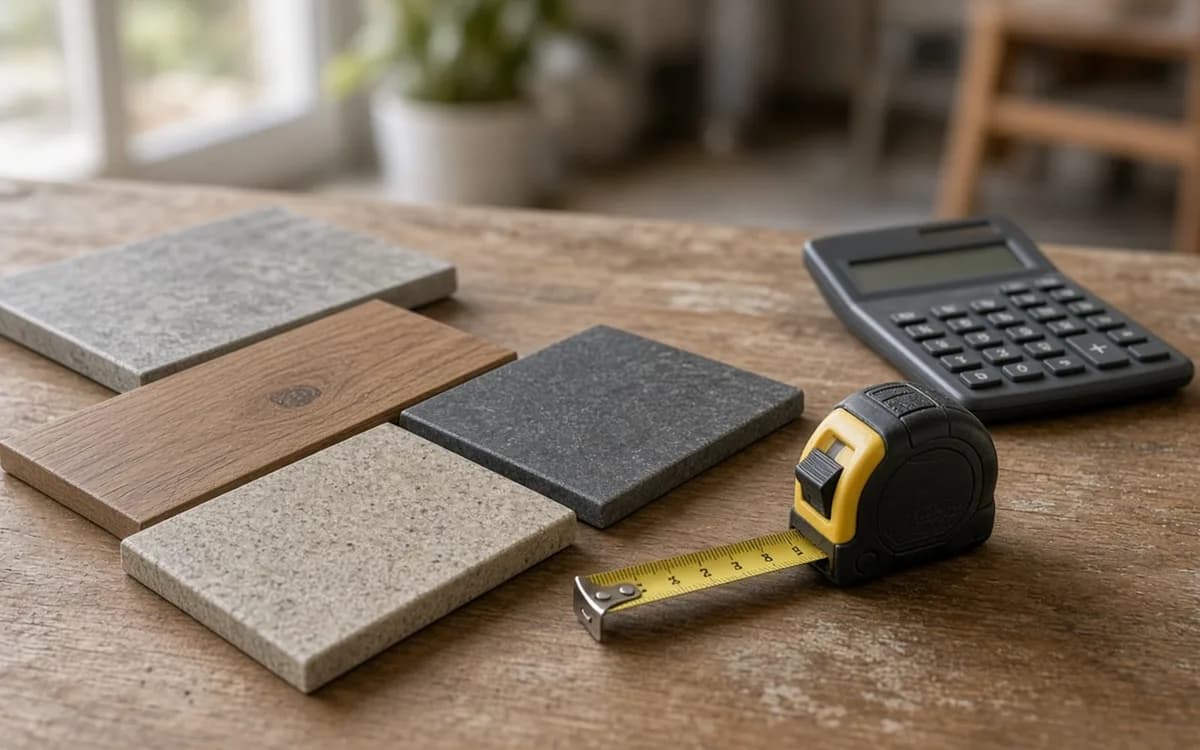 Estimator measuring a warehouse zone with a laser distance meter beside a partially ground concrete floor and a stack of resin kits on a pallet