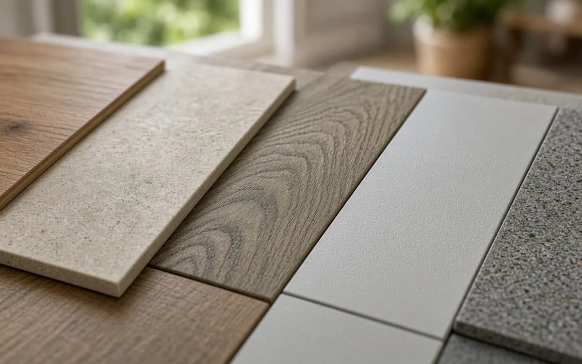 Close angled view of overlapping flooring samples: oak plank, beige stone, grey wood-grain, white solid and granite-look