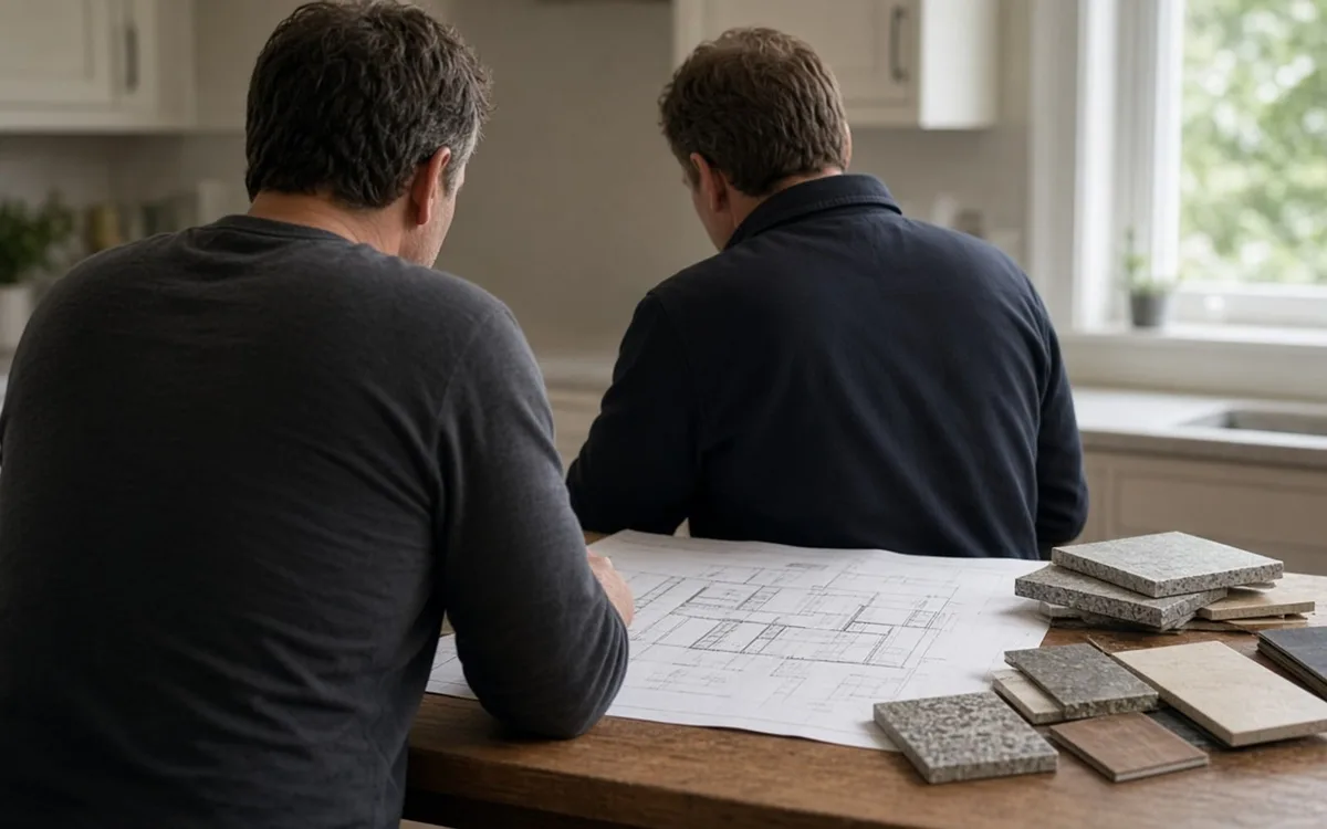 Two men at a kitchen counter studying a large floor plan beside a stack of granite and wood-look sample tiles
