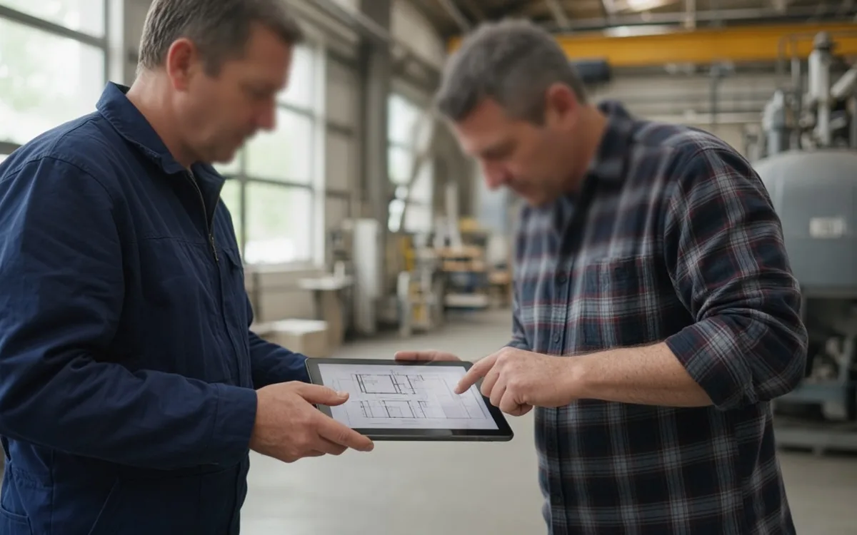 Two men in a plant reviewing a floor plan on a tablet, with stainless process equipment and a concrete floor behind them