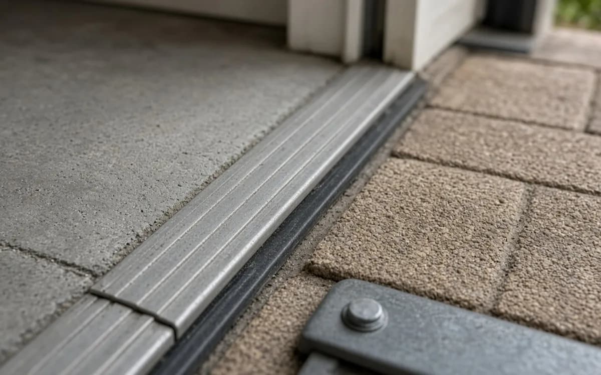 Close-up of a ribbed aluminium threshold transition strip between a concrete floor and textured pavers at a doorway