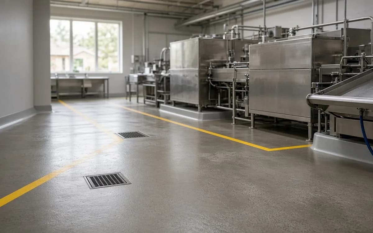 Speckled grey resin floor with square drains and yellow safety lines beside stainless steel food processing machines