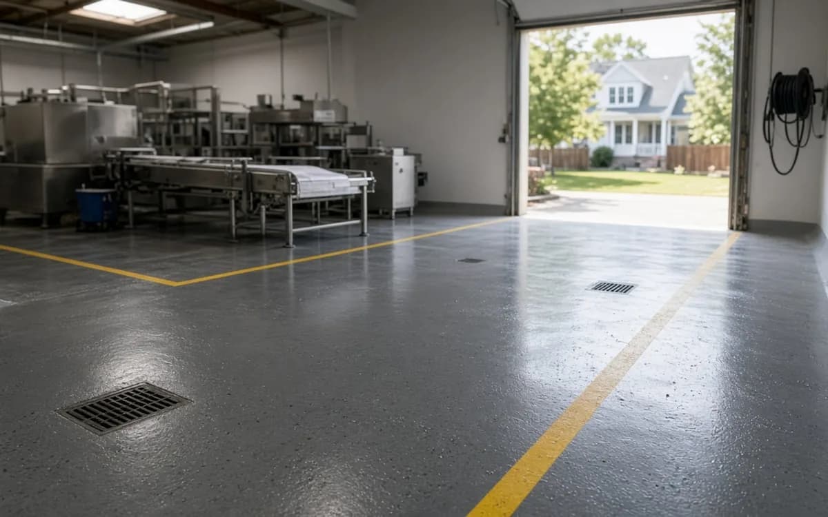 Glossy grey coated floor with yellow lane striping and trench drains, conveyor equipment left and an open roll-up door right