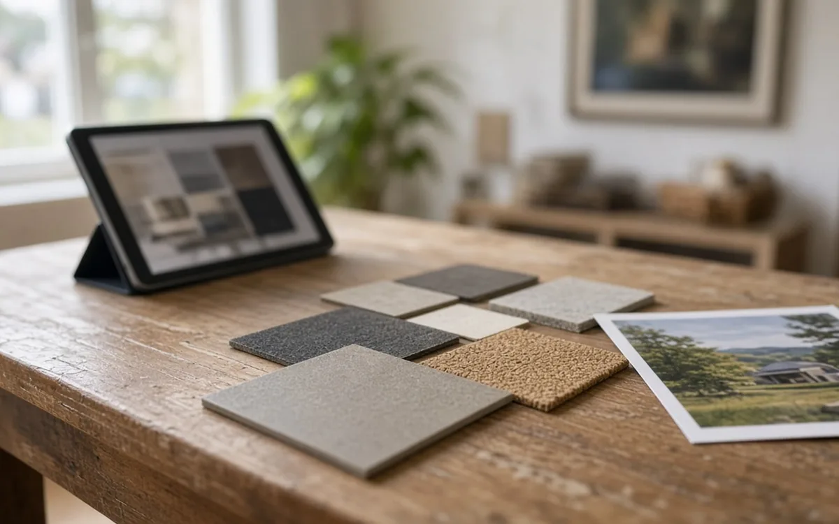 Tablet on a stand behind textured grey, charcoal and tan flooring sample squares and a printed photo of a building