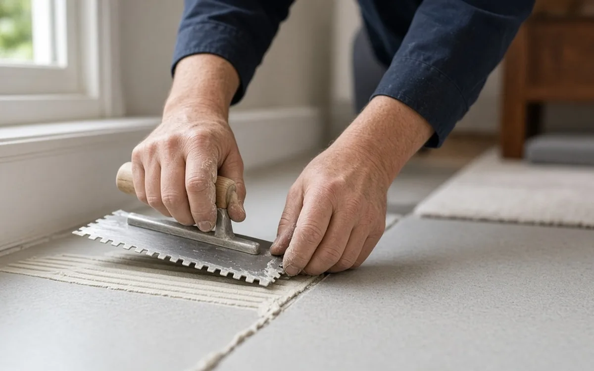 Hands spreading adhesive with a notched trowel over a concrete subfloor next to a window before a floor goes down