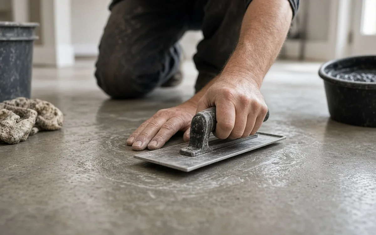 Hand holding a steel finishing trowel flat on a grey concrete floor, with a bucket and rag nearby indoors