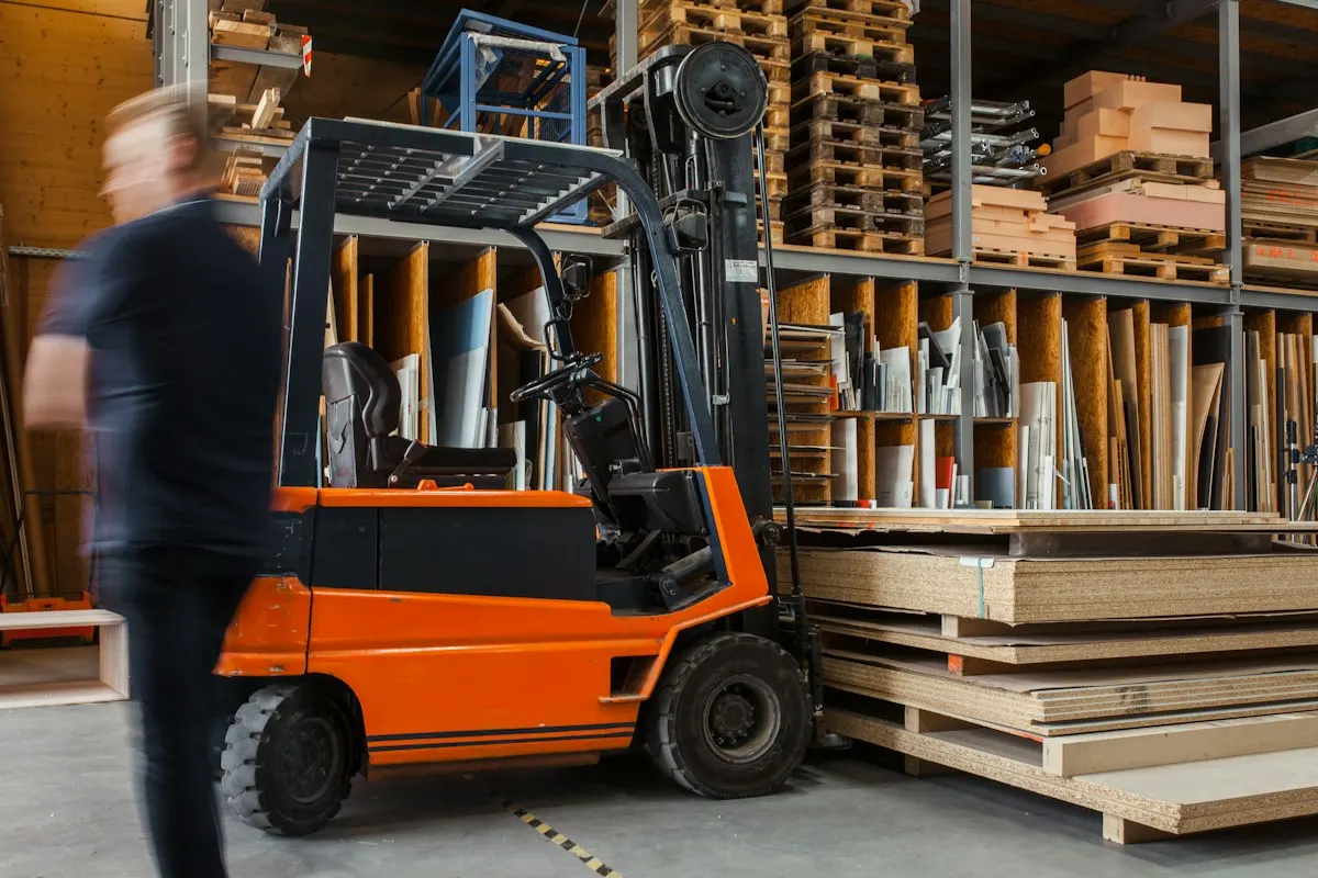 Forklift carrying a pallet through a warehouse