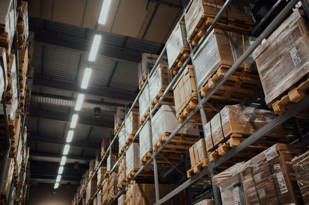 High warehouse racks with stored pallets
