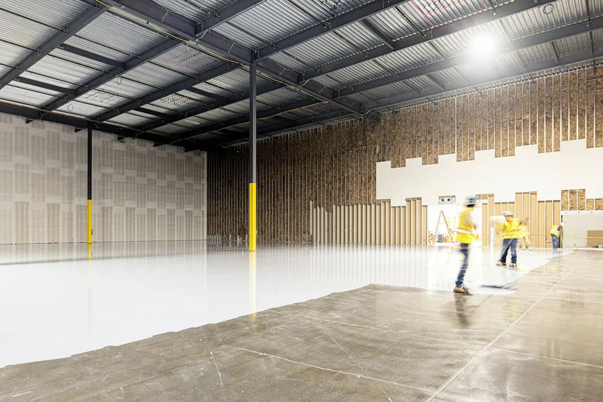 Industrial floor finish being applied in a large warehouse