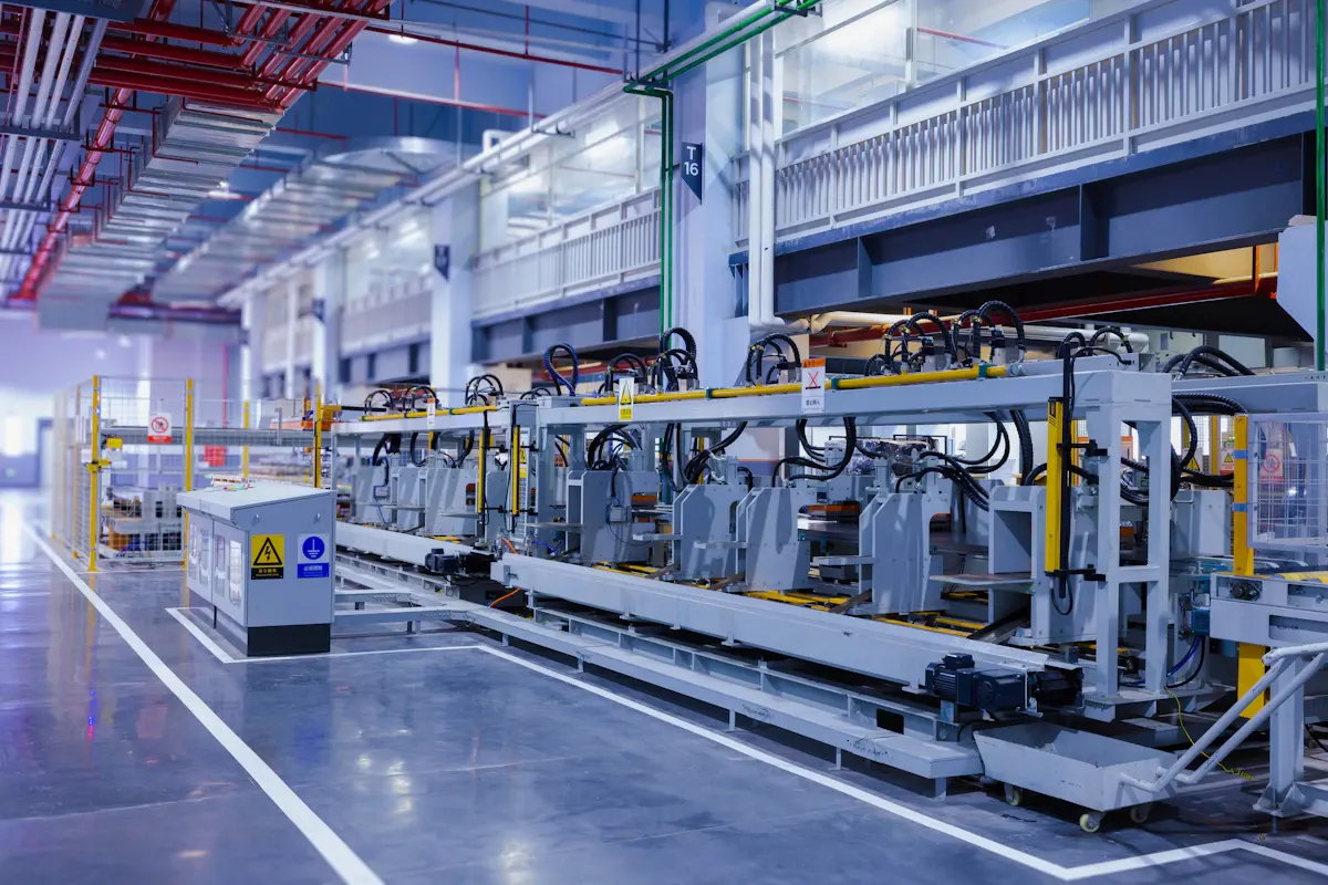 Factory production line beside a marked blue floor