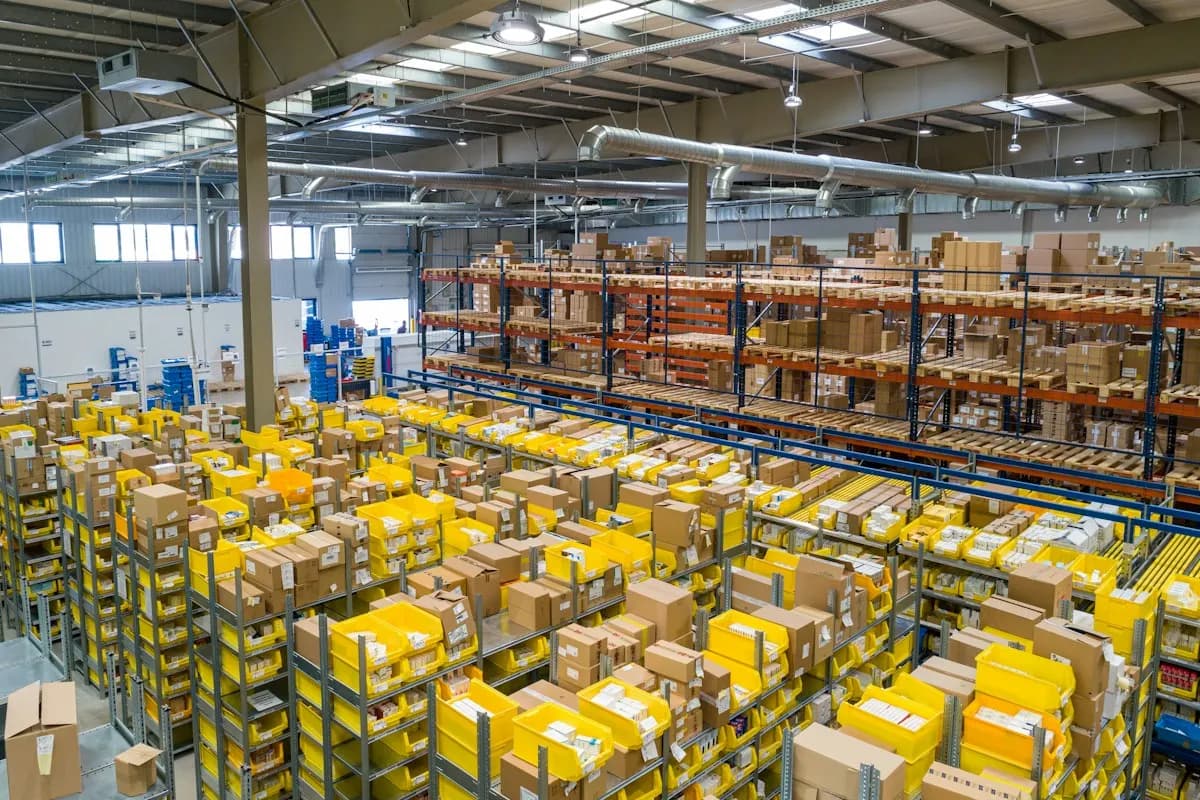 Overhead view of a busy warehouse storage layout