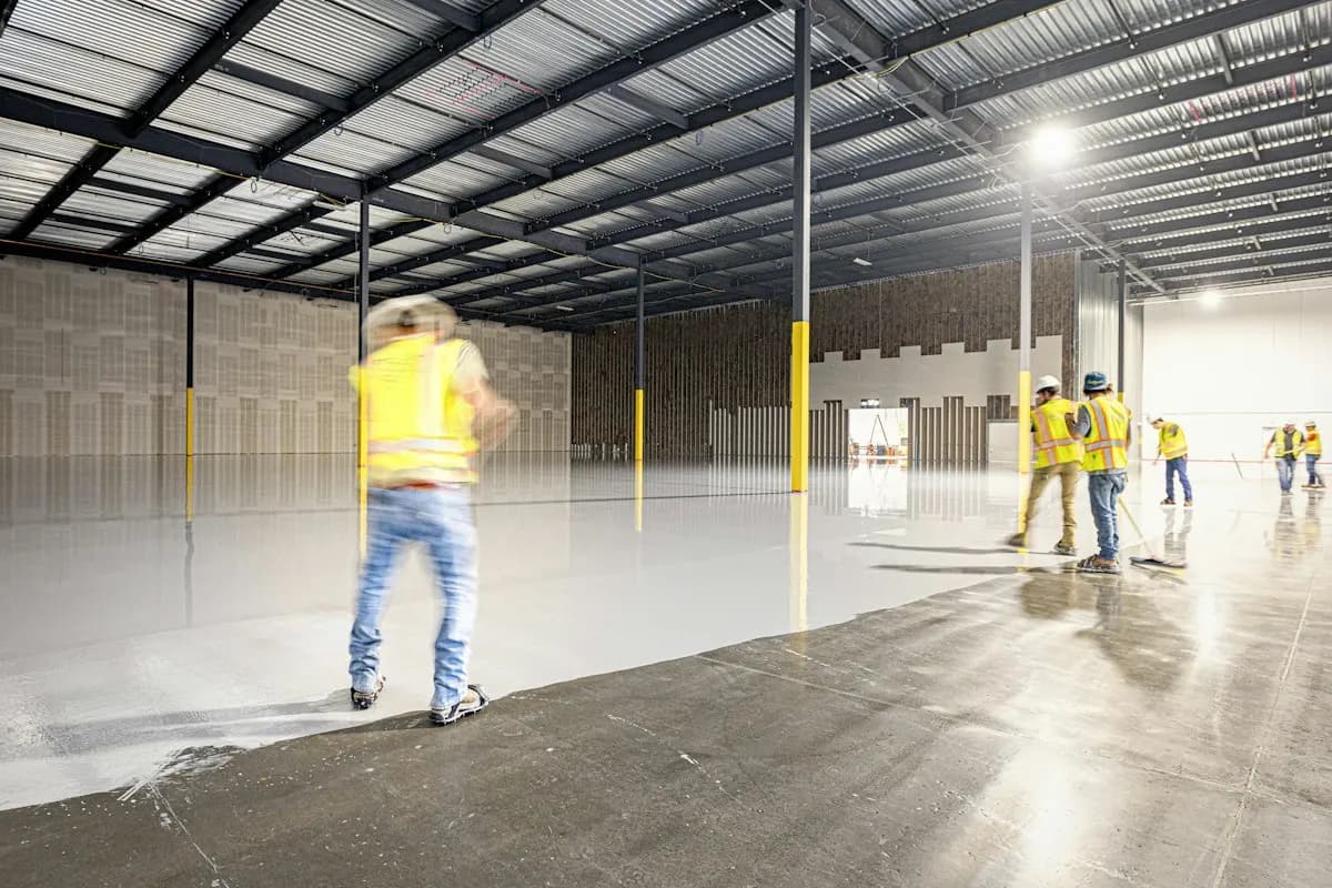 Floor finishing work across a large industrial room